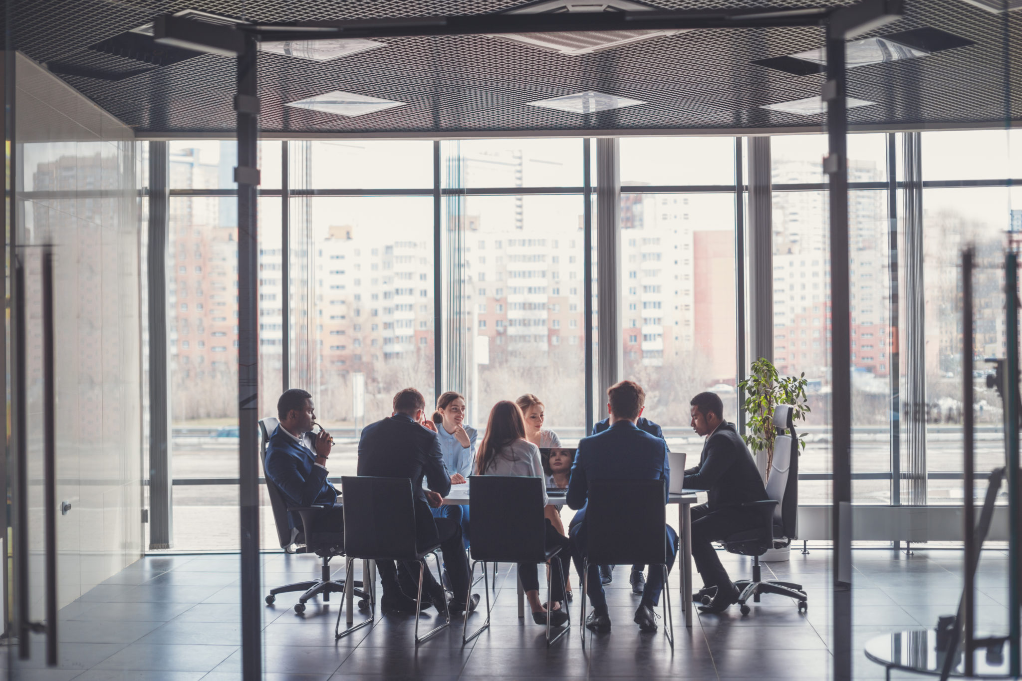 Group of business people with businessman leader on foreground