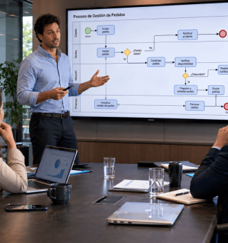 Elaboración de un proceso de gestión de pedidos en una reunión empresarial.
